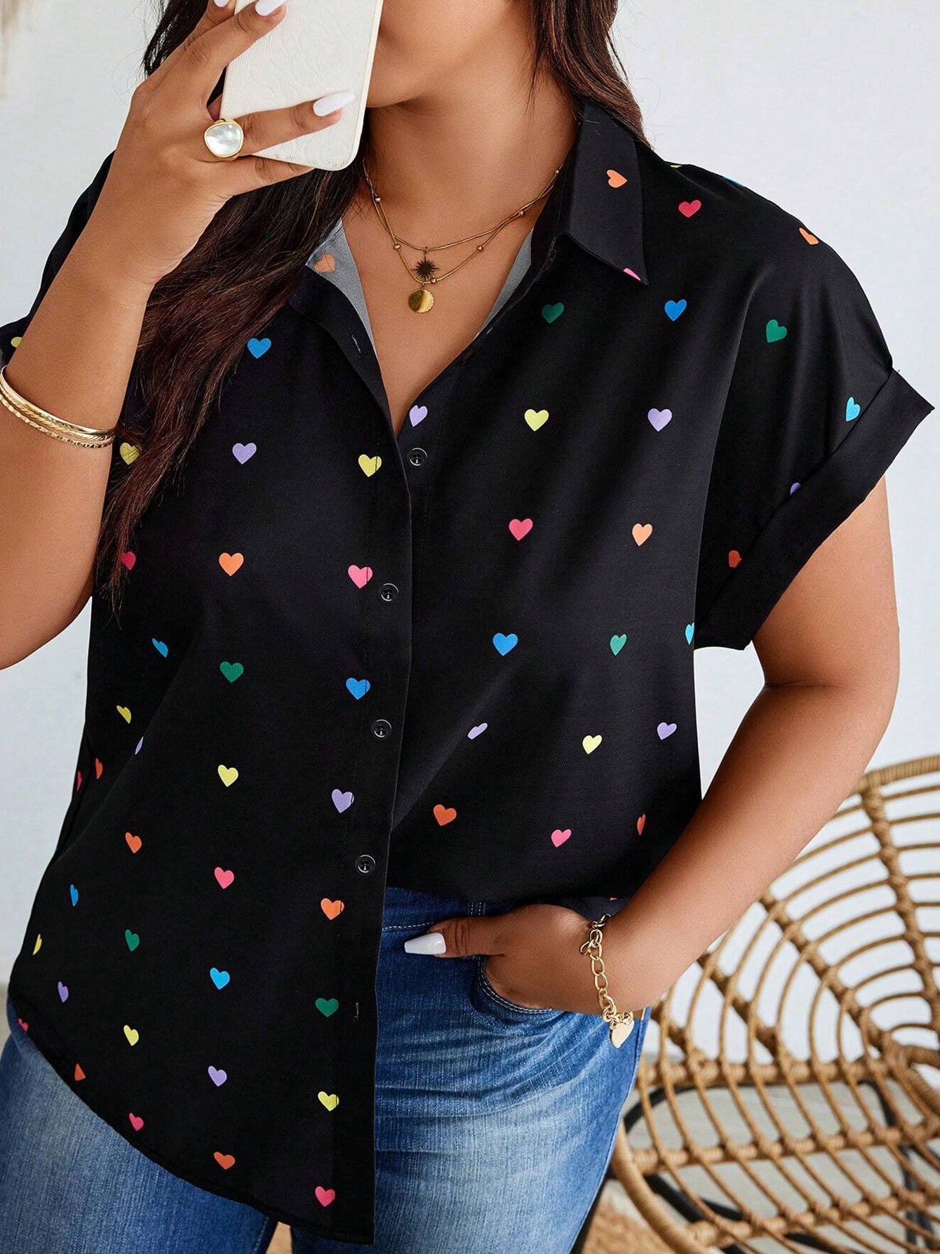 Women's Plus Size Heart Print Button-Down Shirt - Summer Casual Short Sleeve Outdoor Top PureLittleBloom.Co