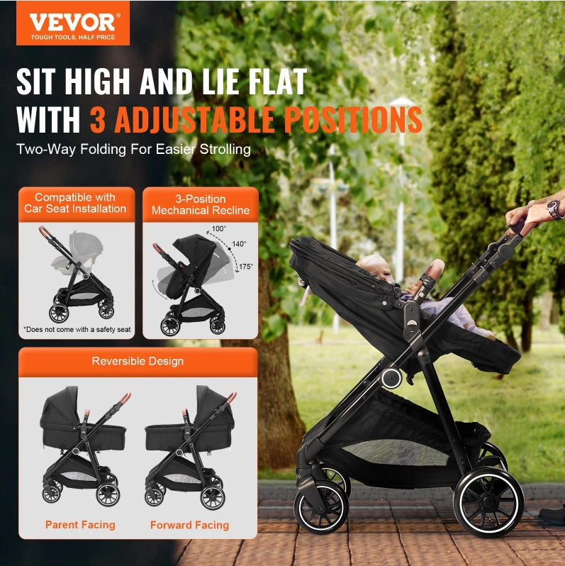Standard Baby Stroller, Infant Toddler Stroller With Bassinet, 3rd-Gear Adjustable Backrest & Foldable & Reversible Seat, Carbon Steel Newborn Stroller With Leg Cover And Mesh Net, Black PureLittleBloom.Co