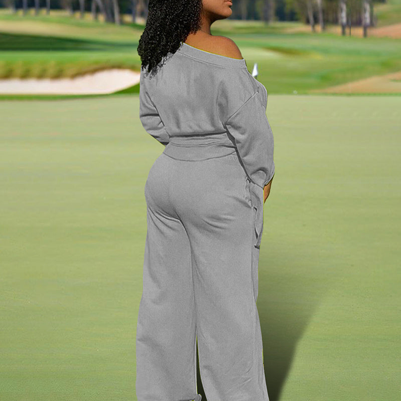 Women's One-Shoulder Casual Set - Solid Color Long Sleeve Top & Elastic Waist Pants With Drawstring & Pockets For Spring & Fall PureLittleBloom.Co