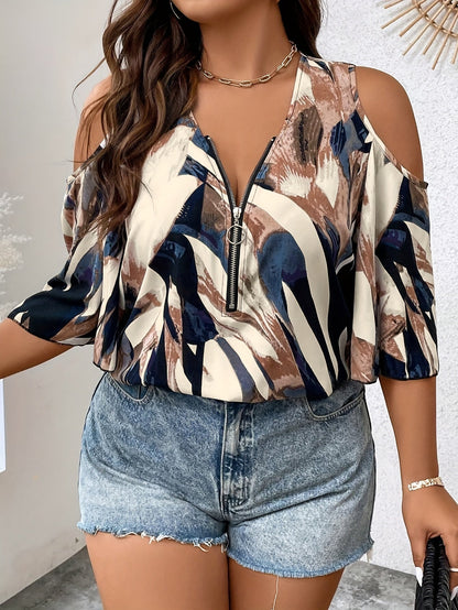 Women's Plus Size Printed V-Neck Front-Zip Cold-Shoulder Three Quarters Sleeve Casual Top - Work & Party Blouse PureLittleBloom.Co