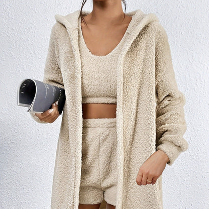 Women's shorts Solid Color Strap Shorts Plush Warm Top 3-Piece Set PureLittleBloom.Co