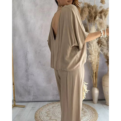 Women's 2 Piece Outfit, Casual Solid Color V-Neck Half Sleeve Top And Wide Leg Pants women's outfit Lounge Set PureLittleBloom.Co