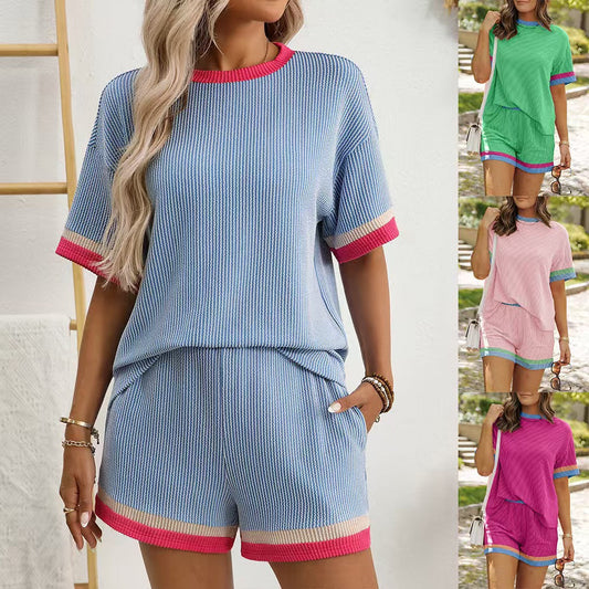 Women's T-shirt Casual Versatile New Color Contrast Patchwork T-shirt Knitted Shorts PureLittleBloom.Co