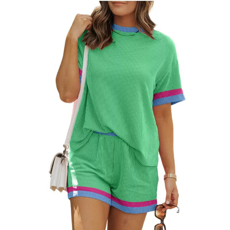 Women's T-shirt Casual Versatile New Color Contrast Patchwork T-shirt Knitted Shorts PureLittleBloom.Co