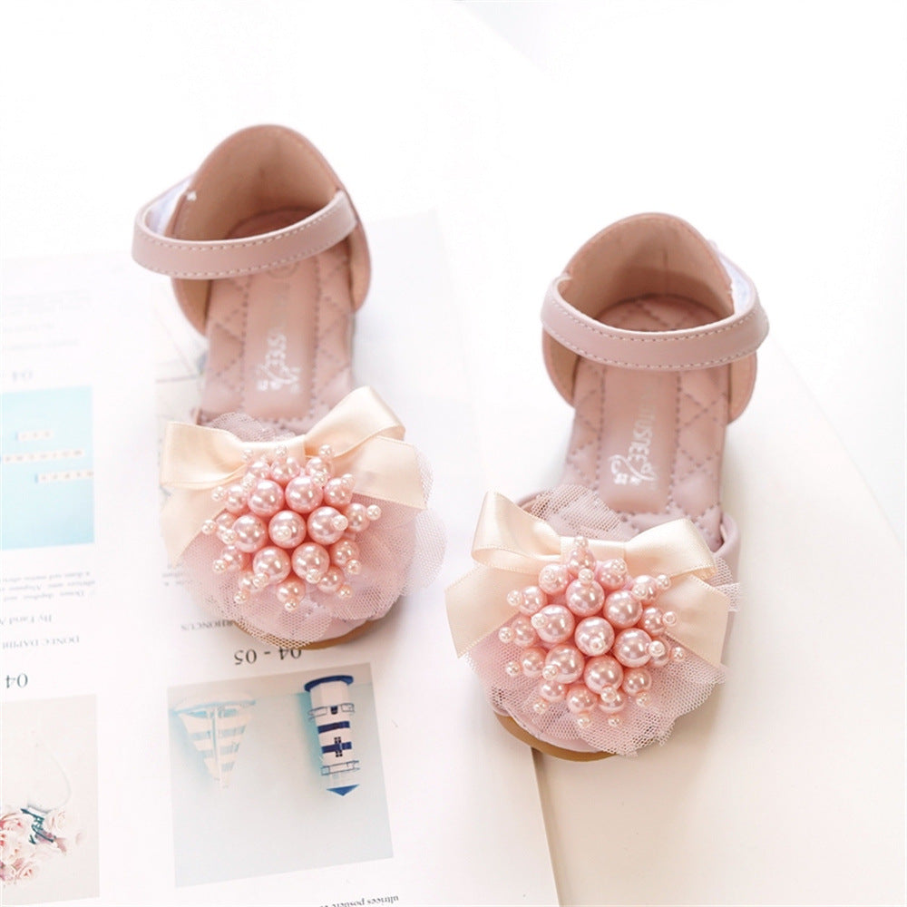 Girls' Princess Stylish Peep Toe Pearl Flower Soft Bottom Sandals PureLittleBloom.Co
