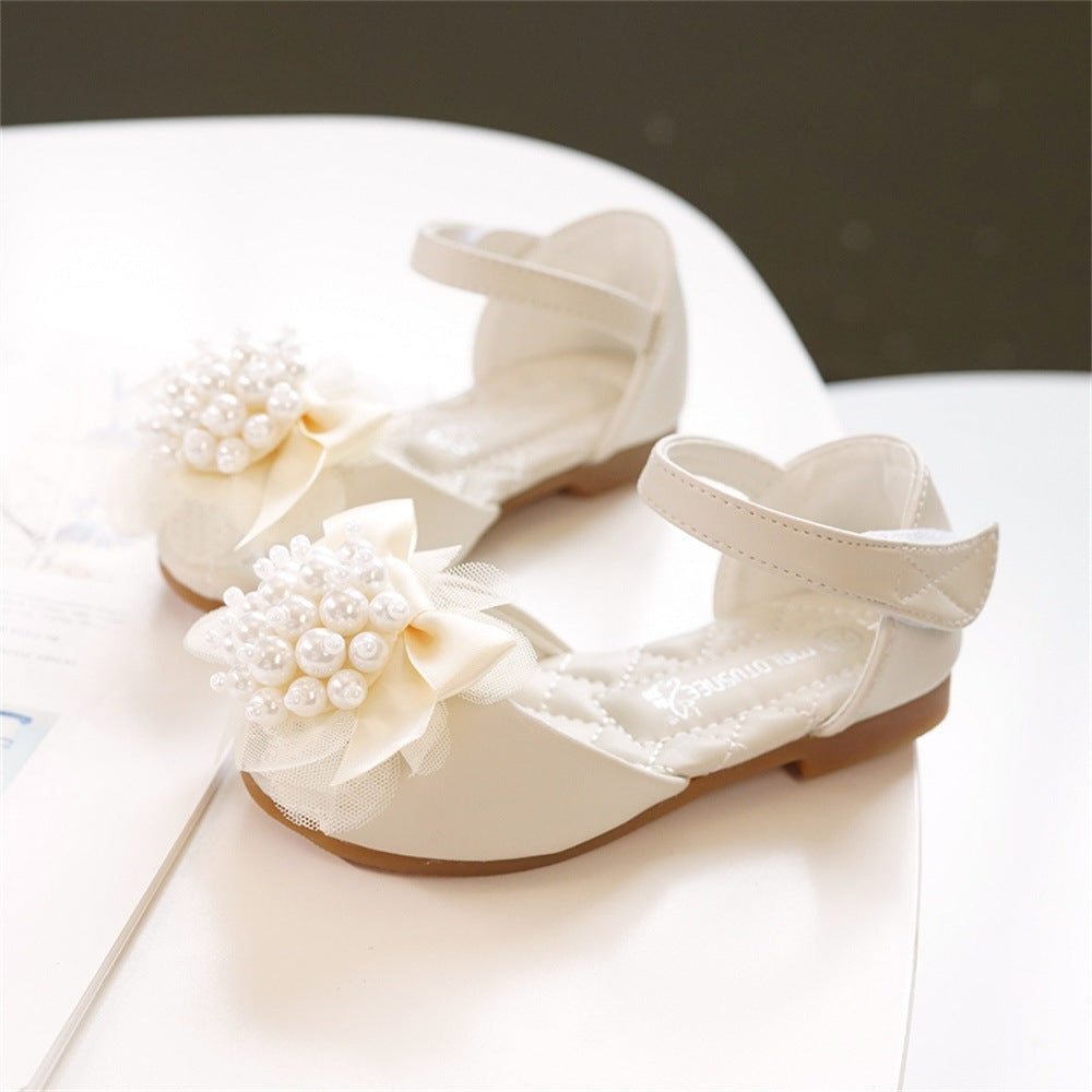 Girls' Princess Stylish Peep Toe Pearl Flower Soft Bottom Sandals PureLittleBloom.Co