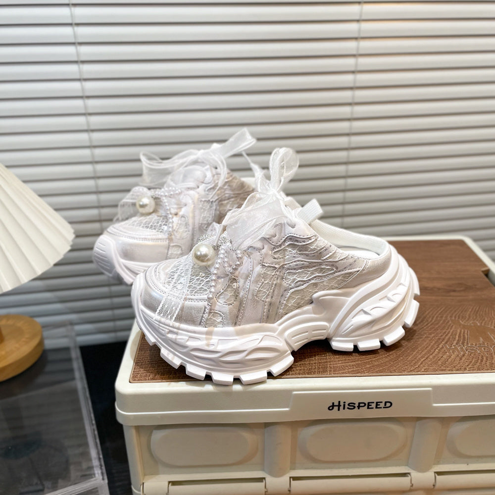 Pearl Lace Bow Baby Girl Daddy Shoes PureLittleBloom.Co