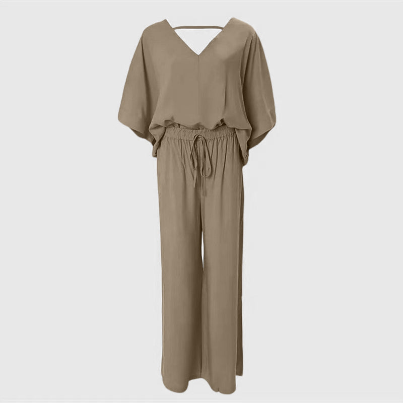 Women's 2 Piece Outfit, Casual Solid Color V-Neck Half Sleeve Top And Wide Leg Pants women's outfit Lounge Set PureLittleBloom.Co