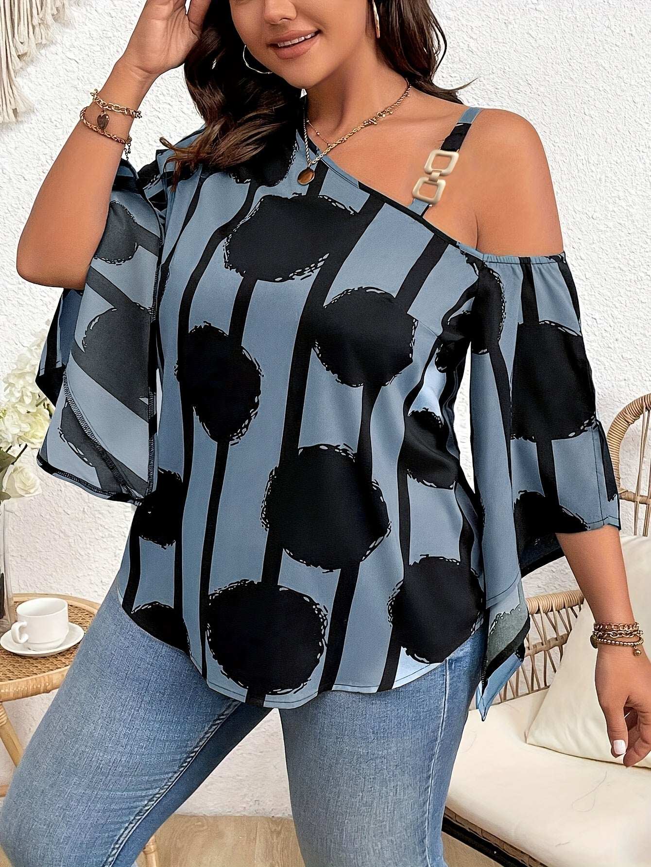 Women's Plus Size Printed Fashion Off-the-Shoulder Charming Chain Three-quarter Sleeve Blouse - Casual Top PureLittleBloom.Co
