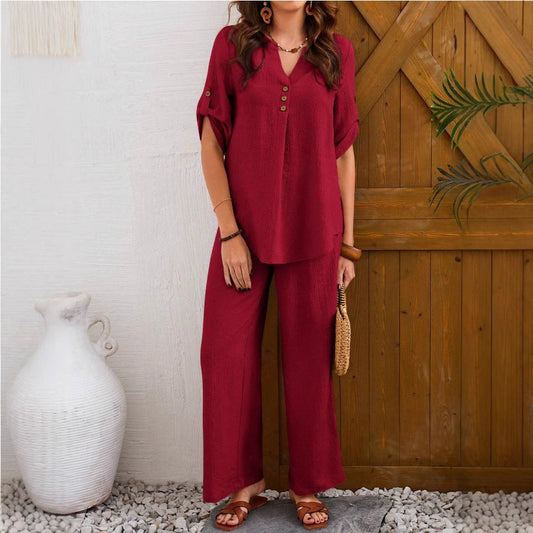 Loose Leisure Suit Solid Color Short-sleeved Trousers PureLittleBloom.Co