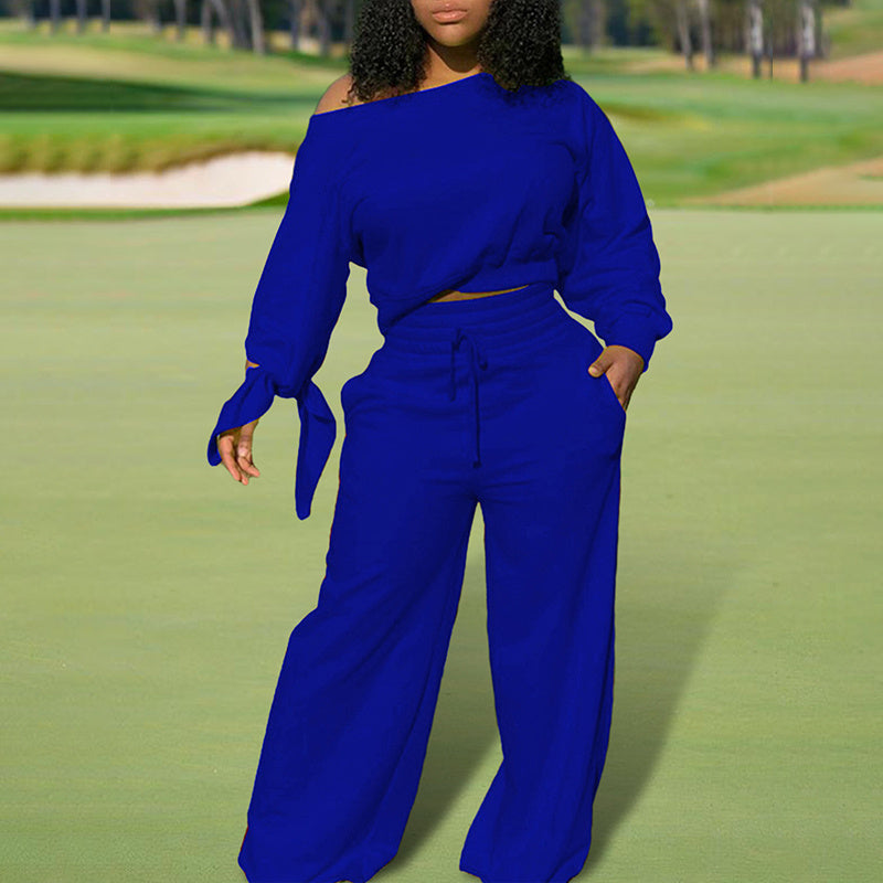 Women's One-Shoulder Casual Set - Solid Color Long Sleeve Top & Elastic Waist Pants With Drawstring & Pockets For Spring & Fall PureLittleBloom.Co