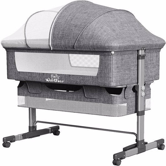 3-in-1 Bedside Crib With Mosquito Net, Large Storage Bag, Comfortable Mattress With Lockable Wheels, Grey PureLittleBloom.Co