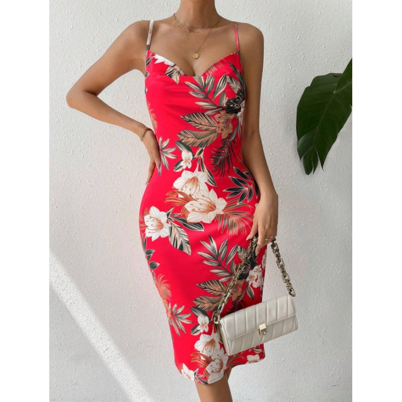 Women's Side Slit Printed Mid-length Sling Dress PureLittleBloom.Co