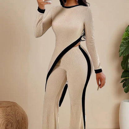 Women's  elegant outfits-neck Two-piece Long-sleeved Pants With Decorative Edges For Spring & Fall PureLittleBloom.Co