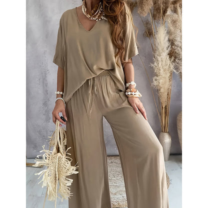 Women's 2 Piece Outfit, Casual Solid Color V-Neck Half Sleeve Top And Wide Leg Pants women's outfit Lounge Set PureLittleBloom.Co