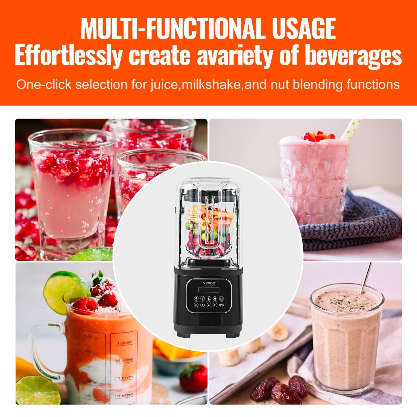 VEVOR Professional Blender With Shield, Commercial Countertop Blenders, 68 Oz  Blender Combo, Stainless Steel 9 Speed & 5 Functions Blender, For Shakes, Smoothies, Peree, And Crush Ice, Black PureLittleBloom.Co