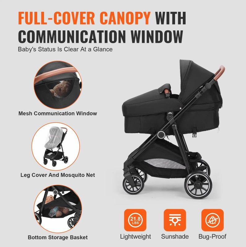 Standard Baby Stroller, Infant Toddler Stroller With Bassinet, 3rd-Gear Adjustable Backrest & Foldable & Reversible Seat, Carbon Steel Newborn Stroller With Leg Cover And Mesh Net, Black PureLittleBloom.Co