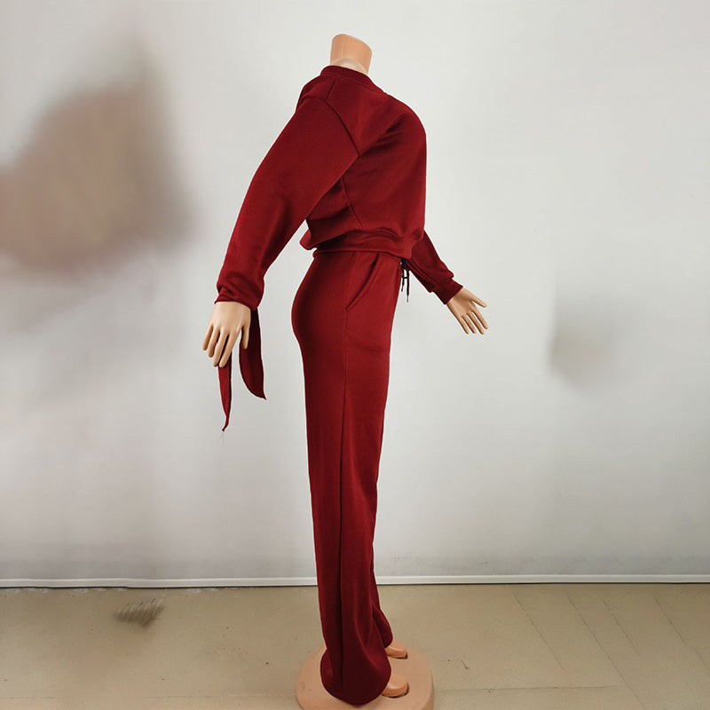 Women's One-Shoulder Casual Set - Solid Color Long Sleeve Top & Elastic Waist Pants With Drawstring & Pockets For Spring & Fall PureLittleBloom.Co