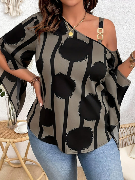 Women's Plus Size Printed Fashion Off-the-Shoulder Charming Chain Three-quarter Sleeve Blouse - Casual Top PureLittleBloom.Co