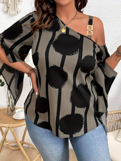 Women's Plus Size Printed Fashion Off-the-Shoulder Charming Chain Three-quarter Sleeve Blouse - Casual Top PureLittleBloom.Co