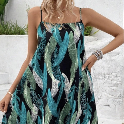 Ladies' Square Collar Printed Adjustable Slim Shoulder Strap Dress PureLittleBloom.Co
