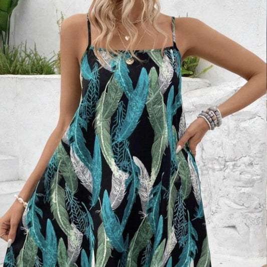 Ladies' Square Collar Printed Adjustable Slim Shoulder Strap Dress PureLittleBloom.Co