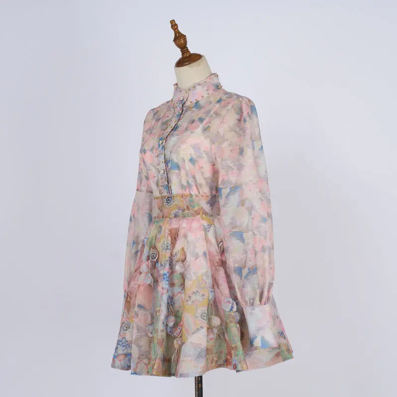 French Retro Stand Collar Printed Long Sleeve Slim-fit Top High Waist Skirt PureLittleBloom.Co