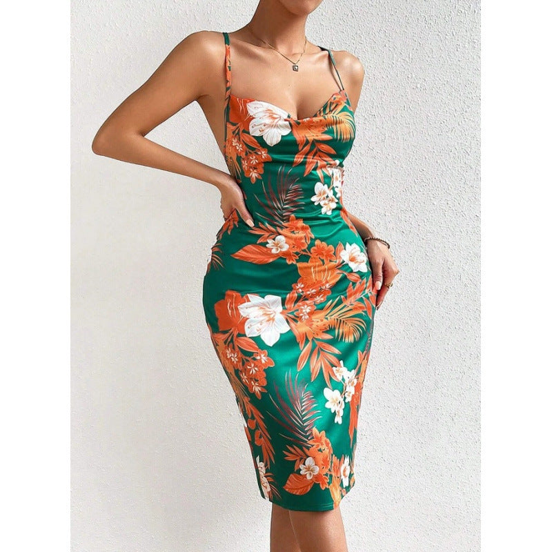Women's Side Slit Printed Mid-length Sling Dress PureLittleBloom.Co