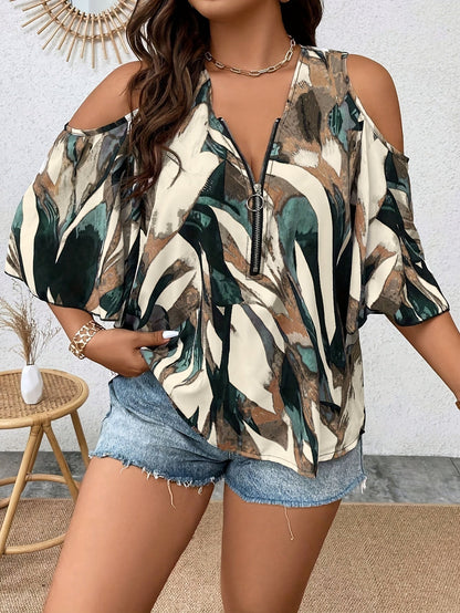 Women's Plus Size Printed V-Neck Front-Zip Cold-Shoulder Three Quarters Sleeve Casual Top - Work & Party Blouse PureLittleBloom.Co