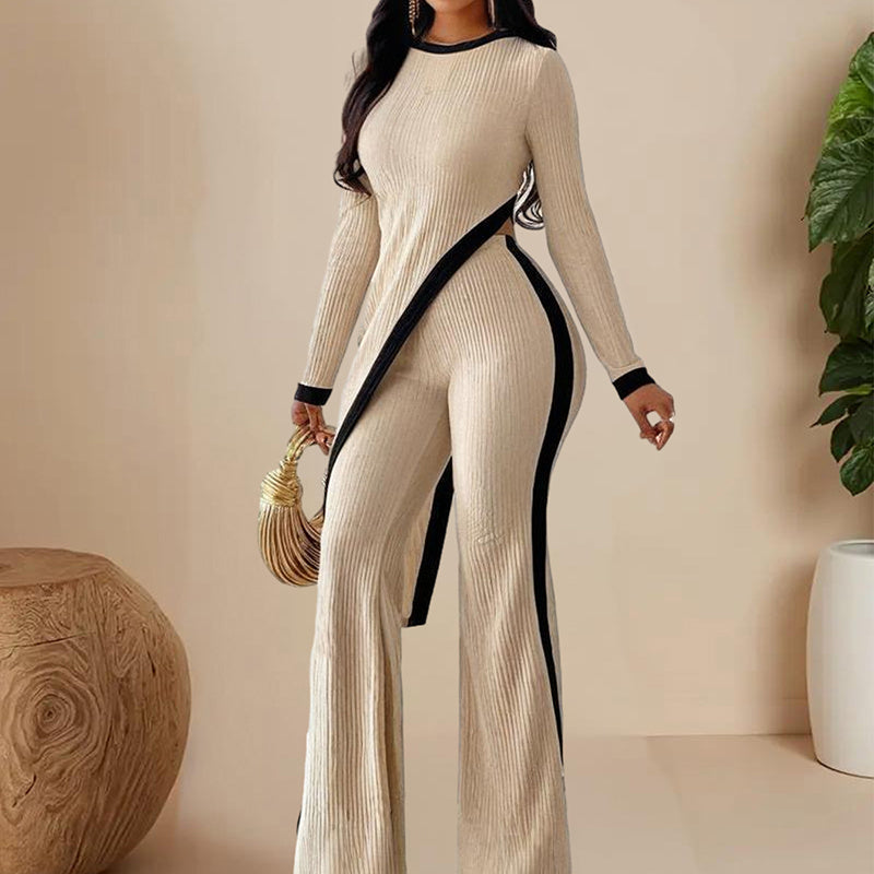 Women's  elegant outfits-neck Two-piece Long-sleeved Pants With Decorative Edges For Spring & Fall PureLittleBloom.Co