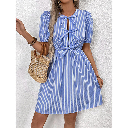 Women's Striped Tie Front Puff Sleeve Summer Casual Mini Dresses Loose Flowy Sundress PureLittleBloom.Co