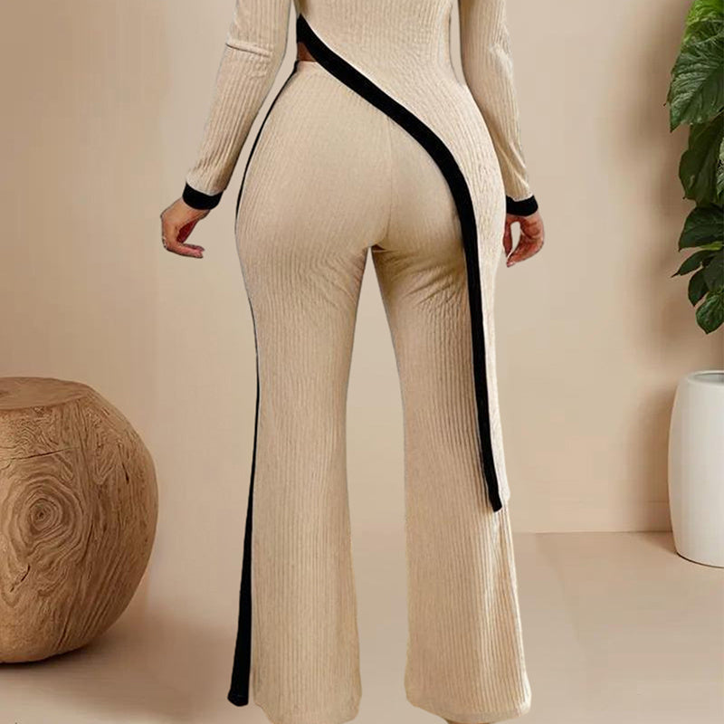 Women's  elegant outfits-neck Two-piece Long-sleeved Pants With Decorative Edges For Spring & Fall PureLittleBloom.Co