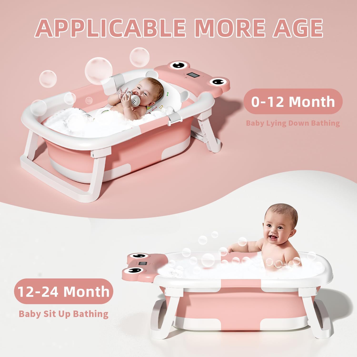 Baby Bathtub , Foldable Baby Bath Tub With Soft Floating Cushion & Thermometer , Collapsible Portable Travel Baby Bath Tub PureLittleBloom.Co