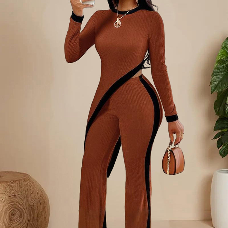 Women's  elegant outfits-neck Two-piece Long-sleeved Pants With Decorative Edges For Spring & Fall PureLittleBloom.Co