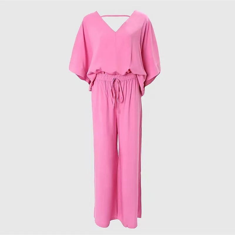 Women's 2 Piece Outfit, Casual Solid Color V-Neck Half Sleeve Top And Wide Leg Pants women's outfit Lounge Set PureLittleBloom.Co