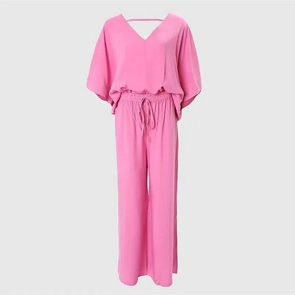 Women's 2 Piece Outfit, Casual Solid Color V-Neck Half Sleeve Top And Wide Leg Pants women's outfit Lounge Set PureLittleBloom.Co