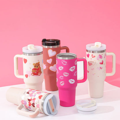 40 Oz Tumbler With Handle Straw Insulated, Stainless Steel Spill Proof Vacuum Coffee Cup Tumbler With Lid Tapered Mug Gifts For Valentine Lover Suitable For Car Gym Office Travel PureLittleBloom.Co