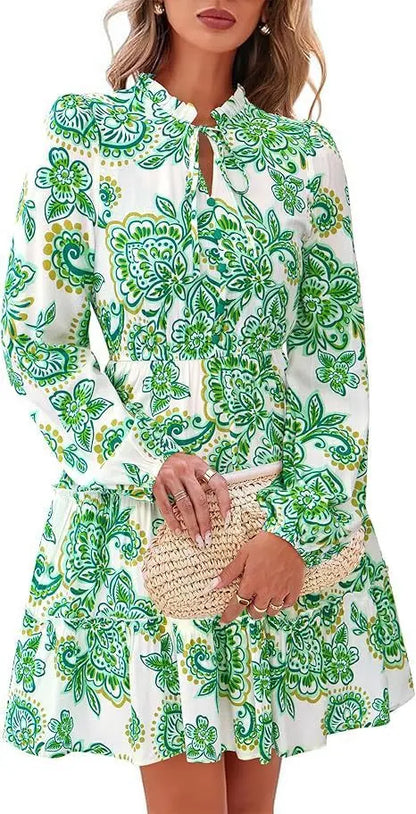 Elegant V-neck Flower Lace-up Long Sleeve Dress PureLittleBloom.Co