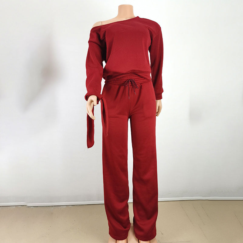 Women's One-Shoulder Casual Set - Solid Color Long Sleeve Top & Elastic Waist Pants With Drawstring & Pockets For Spring & Fall PureLittleBloom.Co