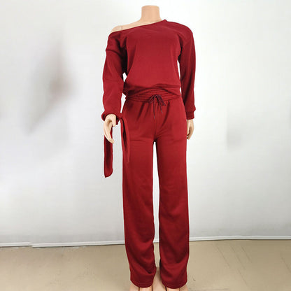 Women's One-Shoulder Casual Set - Solid Color Long Sleeve Top & Elastic Waist Pants With Drawstring & Pockets For Spring & Fall PureLittleBloom.Co