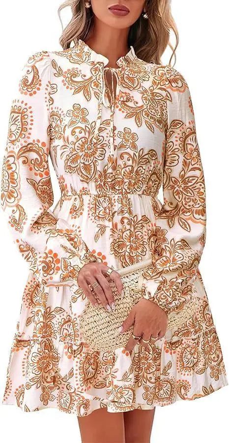Elegant V-neck Flower Lace-up Long Sleeve Dress PureLittleBloom.Co