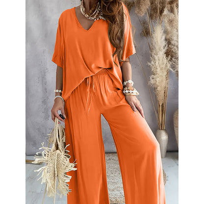 Women's 2 Piece Outfit, Casual Solid Color V-Neck Half Sleeve Top And Wide Leg Pants women's outfit Lounge Set PureLittleBloom.Co