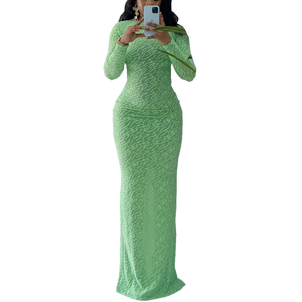 Round Neck Long Sleeve Flocking Slim Fit European And American Style Dress Women PureLittleBloom.Co