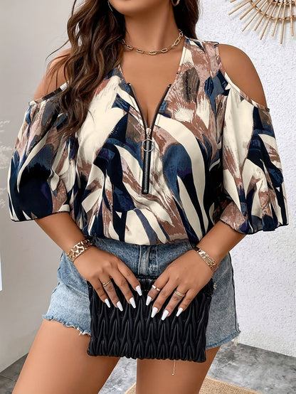 Women's Plus Size Printed V-Neck Front-Zip Cold-Shoulder Three Quarters Sleeve Casual Top - Work & Party Blouse PureLittleBloom.Co