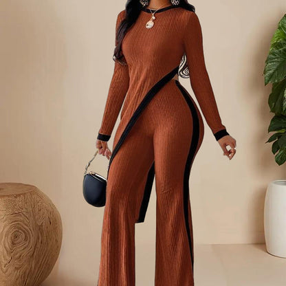 Women's  elegant outfits-neck Two-piece Long-sleeved Pants With Decorative Edges For Spring & Fall PureLittleBloom.Co