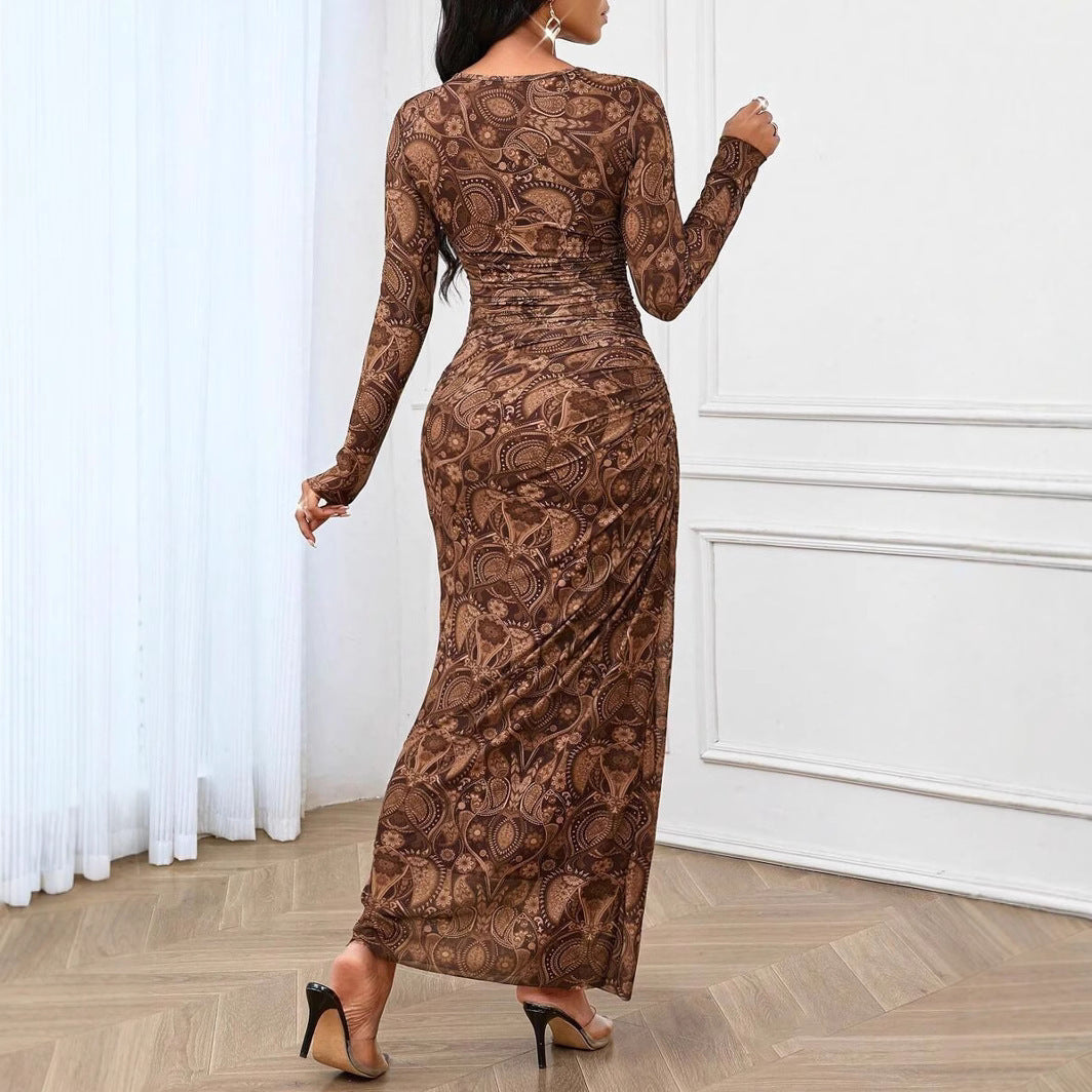 Cashew Pattern Retro Fashion Elegant Graceful Long Sleeve Dress PureLittleBloom.Co