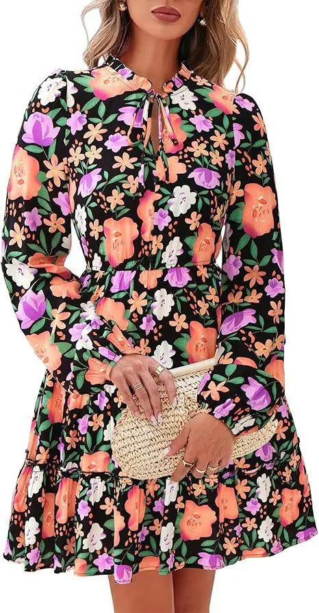 Elegant V-neck Flower Lace-up Long Sleeve Dress PureLittleBloom.Co