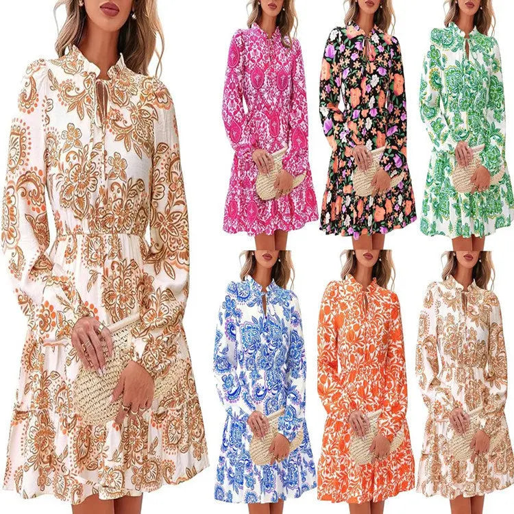 Elegant V-neck Flower Lace-up Long Sleeve Dress PureLittleBloom.Co