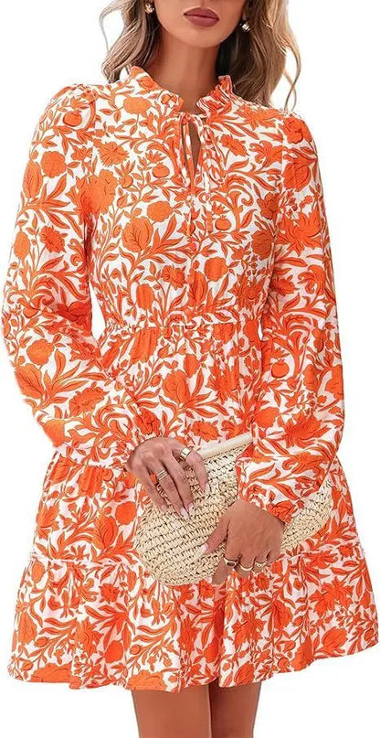 Elegant V-neck Flower Lace-up Long Sleeve Dress PureLittleBloom.Co