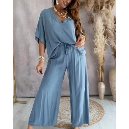 Women's 2 Piece Outfit, Casual Solid Color V-Neck Half Sleeve Top And Wide Leg Pants women's outfit Lounge Set PureLittleBloom.Co